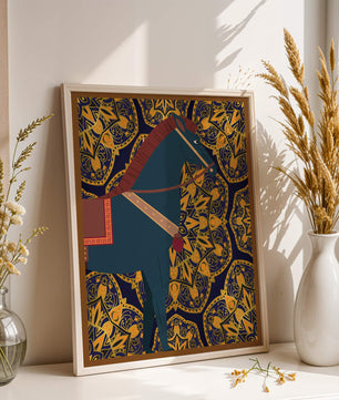 Stilisierte Pferdeillustration auf kompliziertem goldenem Musterhintergrund