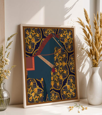 Stylized horse illustration on intricate golden pattern background