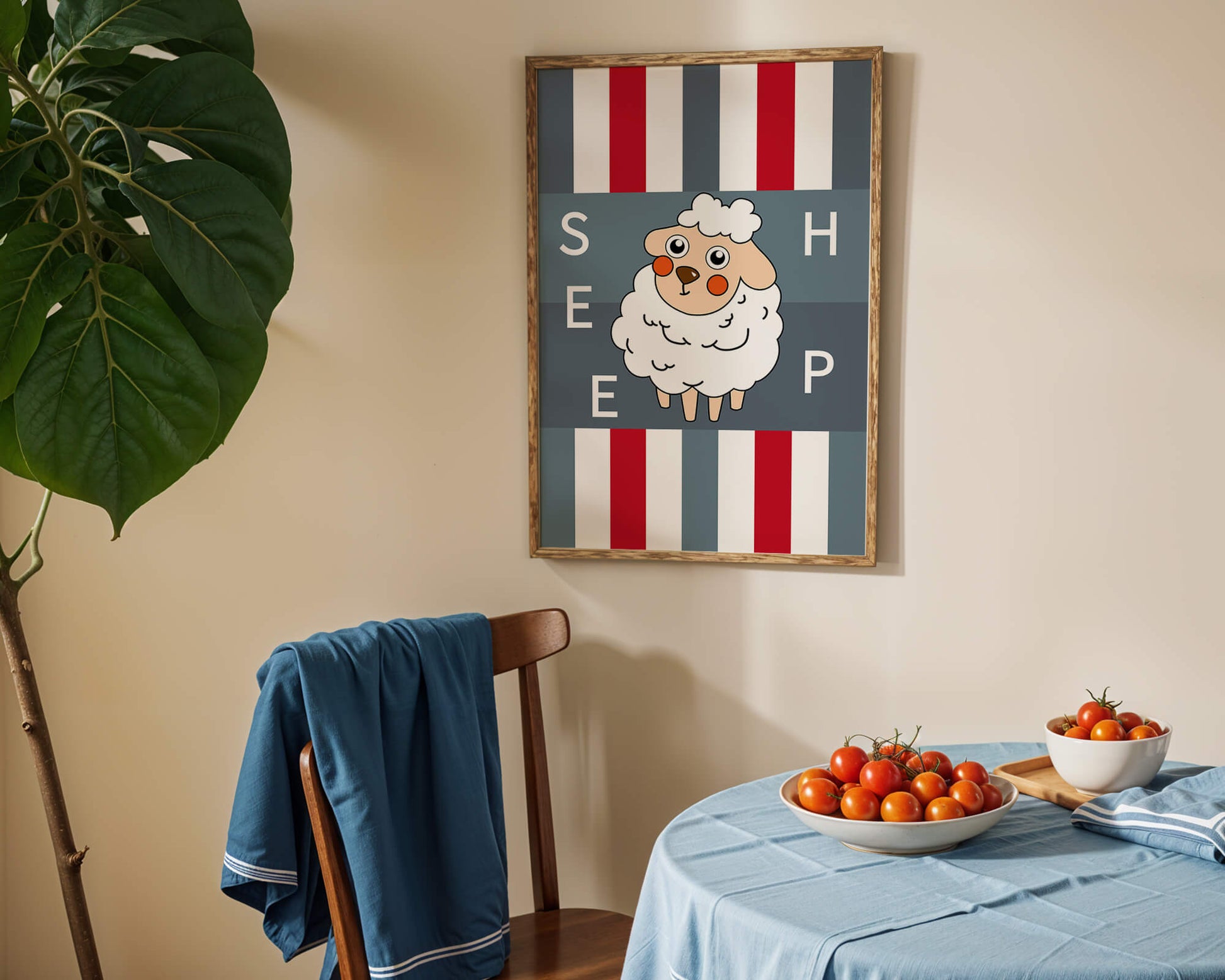 Playful sheep illustration on striped background