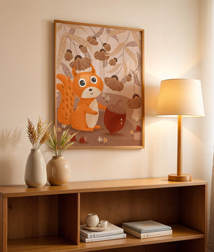 Orange Squirrel with Acorn in Autumn Forest