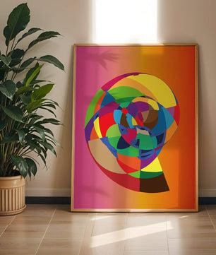 Vibrant abstract geometric shape with multicolored spiral on gradient background
