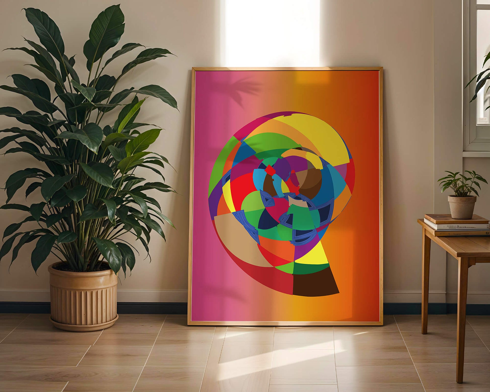 Vibrant abstract geometric shape with multicolored spiral on gradient background
