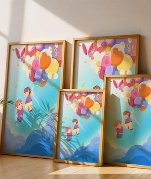 Ilustración caprichosa de niños en el cielo con globos de colores