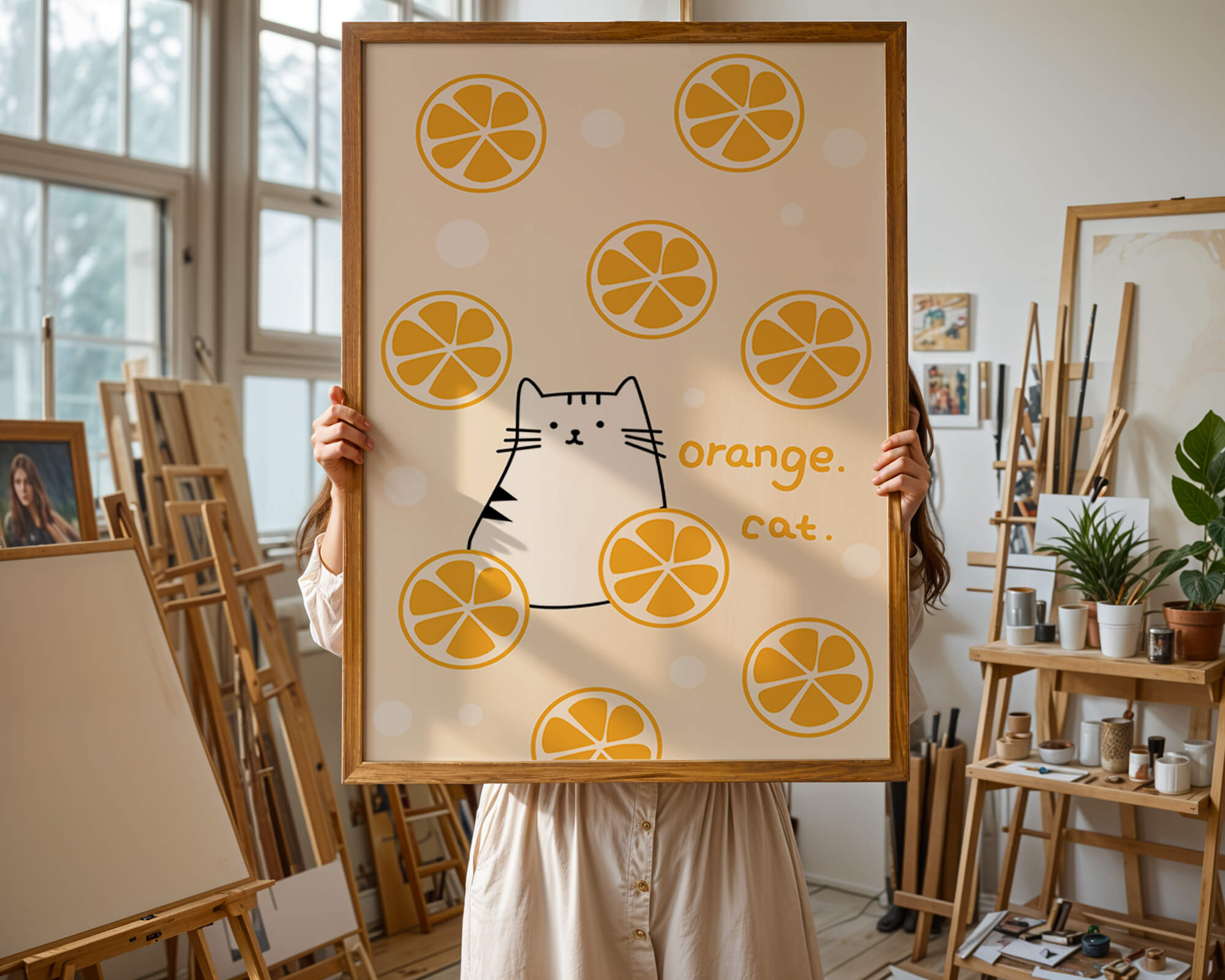Playful illustration featuring a cat and orange slices