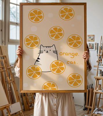 Playful illustration featuring a cat and orange slices