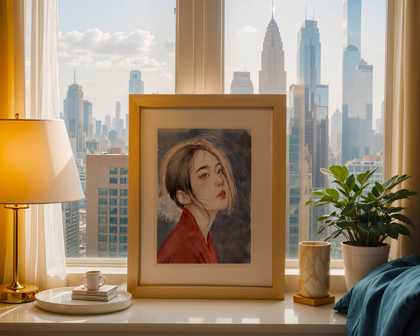 Watercolor portrait of a woman in a red garment with expressive features