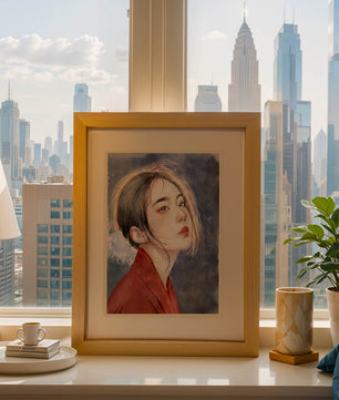 Watercolor portrait of a woman in a red garment with expressive features