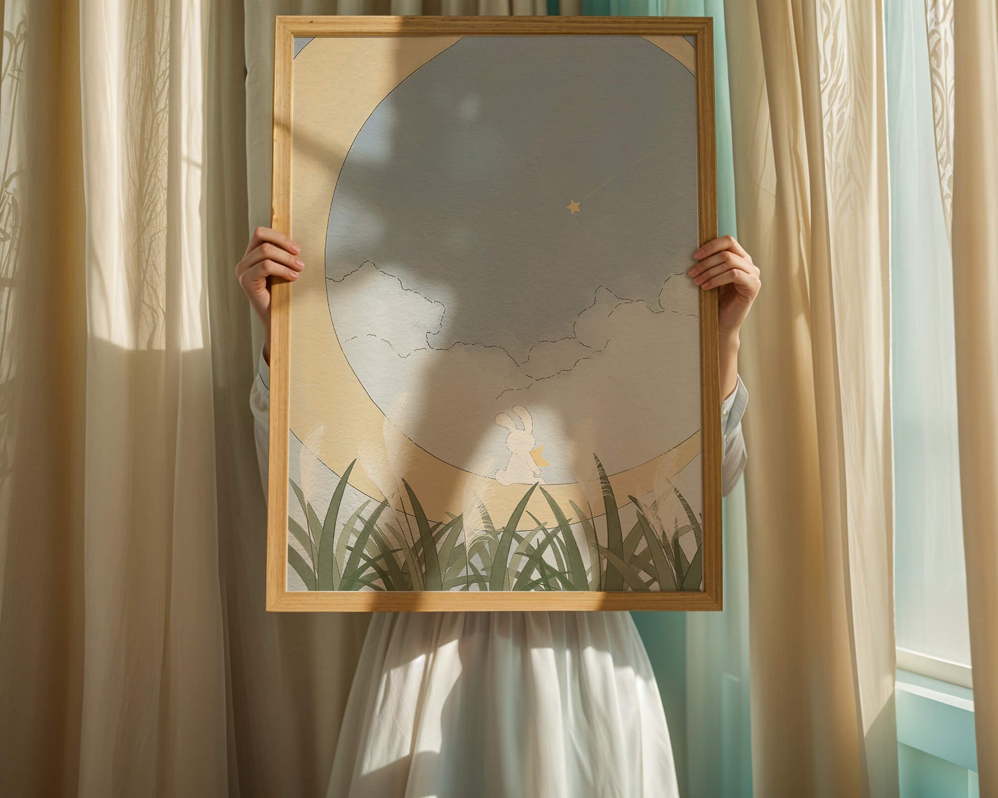 Dreamy Rabbit Sitting on Crescent Moon with Star and Clouds in Sky