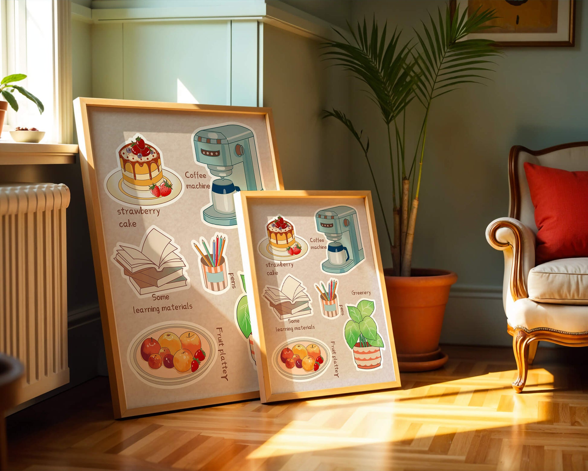 Elementos esenciales para un hogar acogedor, como tarta de fresa, cafetera y materiales de estudio.