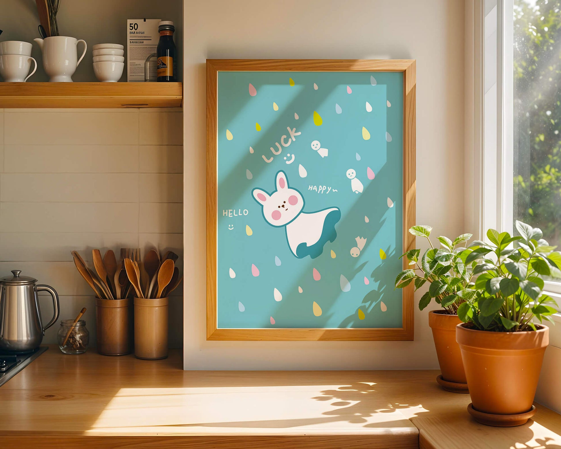 Adorable cartoon bunny with colorful drops on a blue background