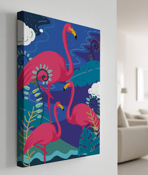 Colorful illustration of flamingos in a tropical setting