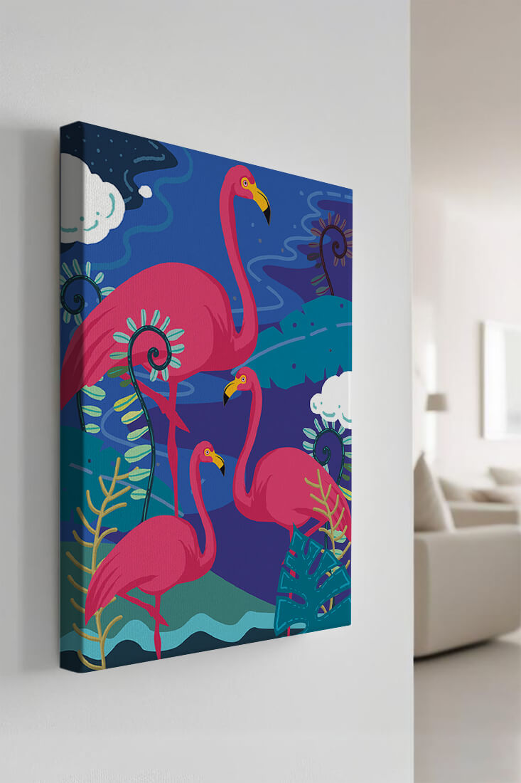 Colorful illustration of flamingos in a tropical setting