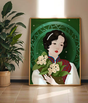 Elegant portrait of a woman with a bouquet of roses on a green abstract background