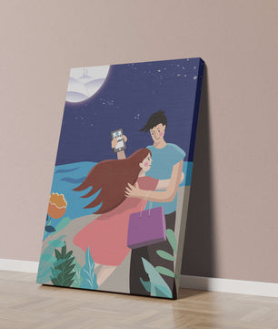 Pareja romántica abrazándose bajo una noche iluminada por la luna