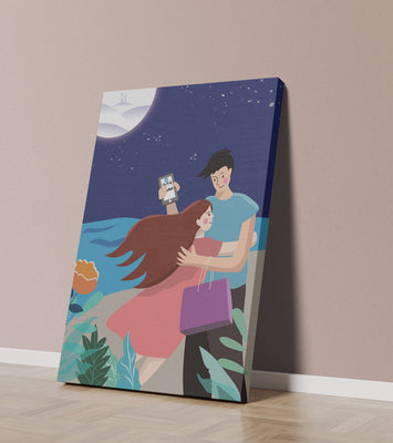 Romantic couple embracing under a moonlit night
