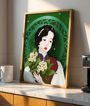 Elegant portrait of a woman with a bouquet of roses on a green abstract background