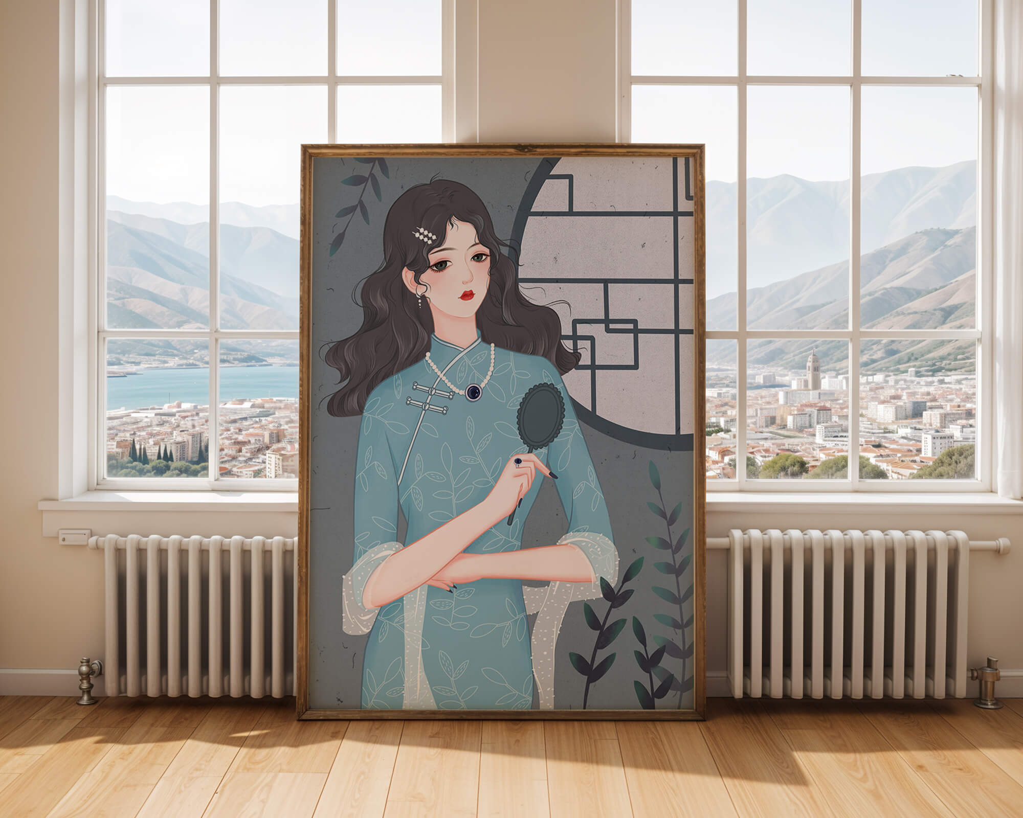 Elegant woman in traditional blue dress with intricate patterns