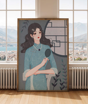 Elegant woman in traditional blue dress with intricate patterns