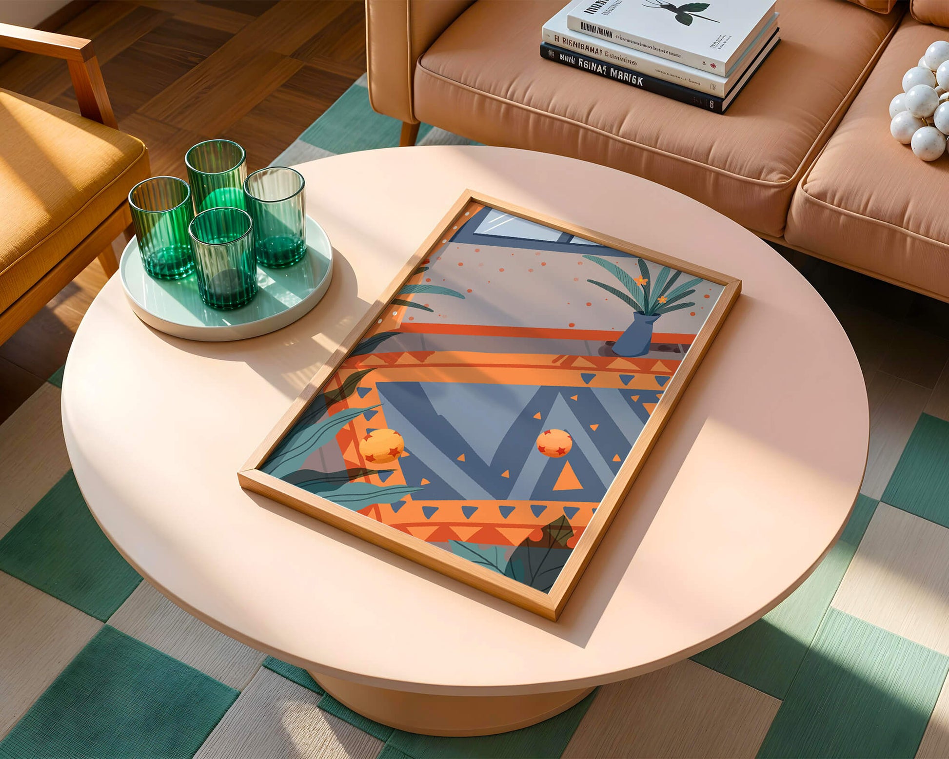 Interior abstracto moderno con patrones geométricos y planta