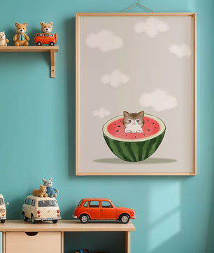 Whimsical art of a kitten in watermelon with clouds