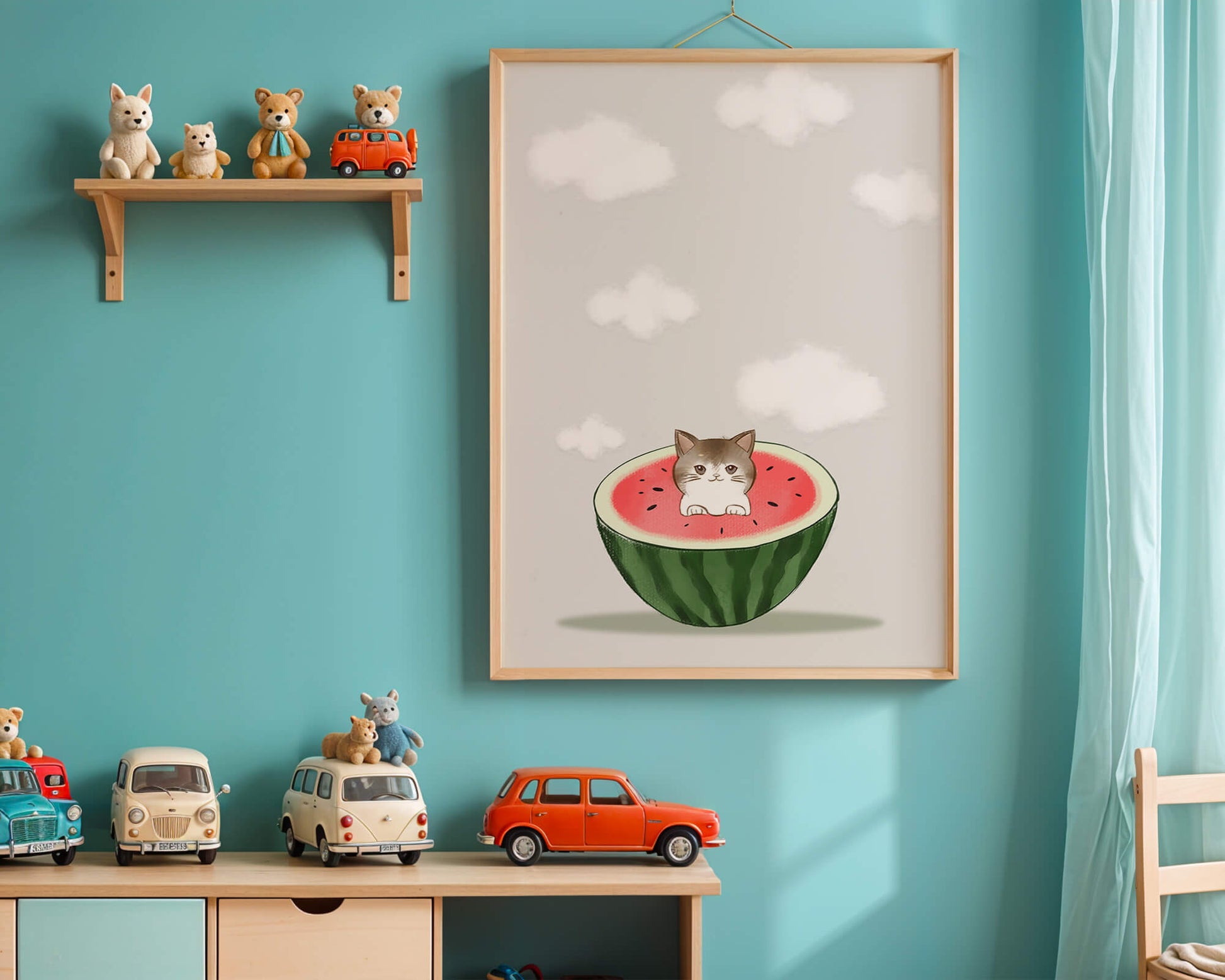 Whimsical art of a kitten in watermelon with clouds