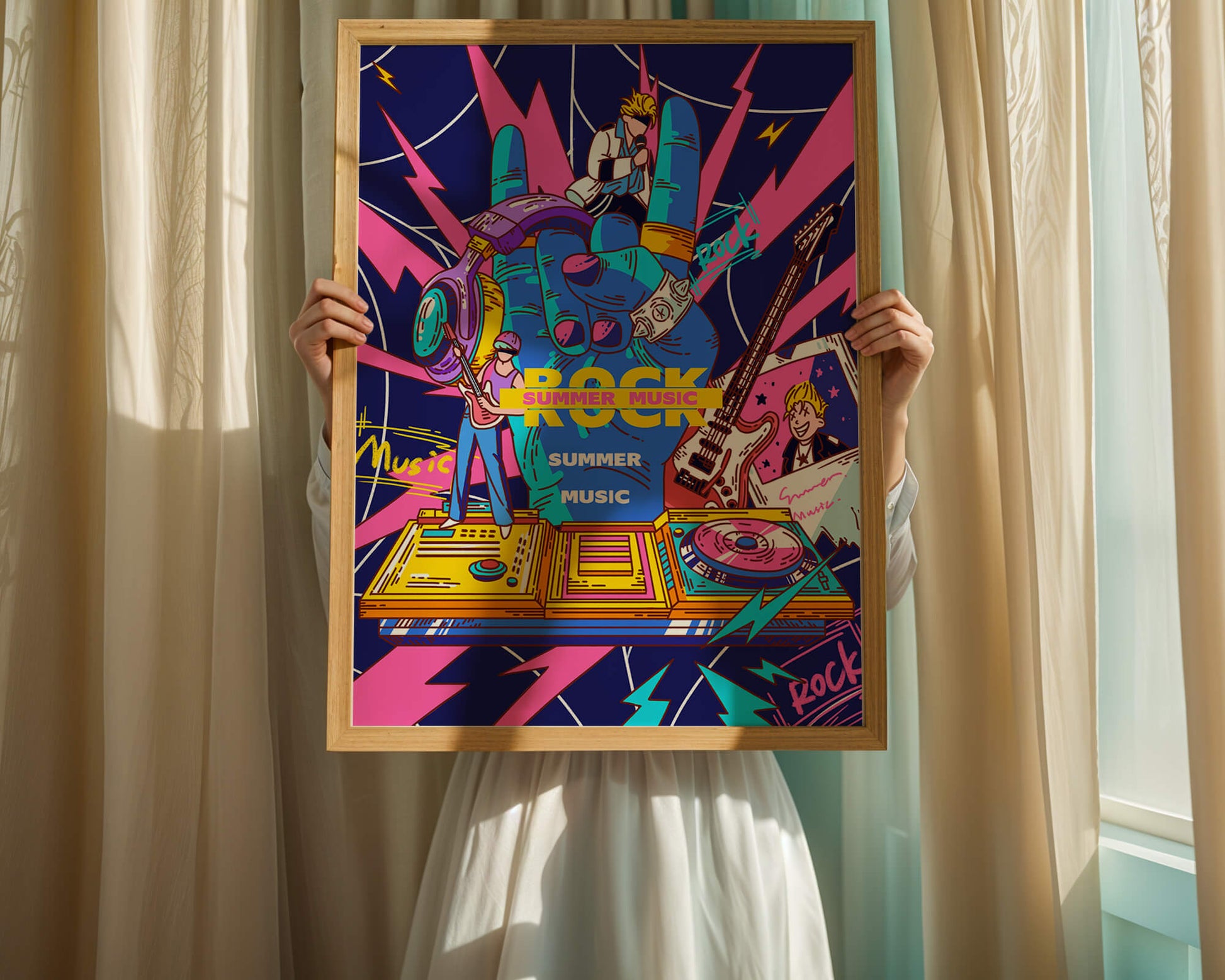 Ilustración temática vibrante de música rock con instrumentos y artistas