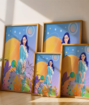 Ilustración de fantasía de una mujer en un jardín cósmico con colores vibrantes