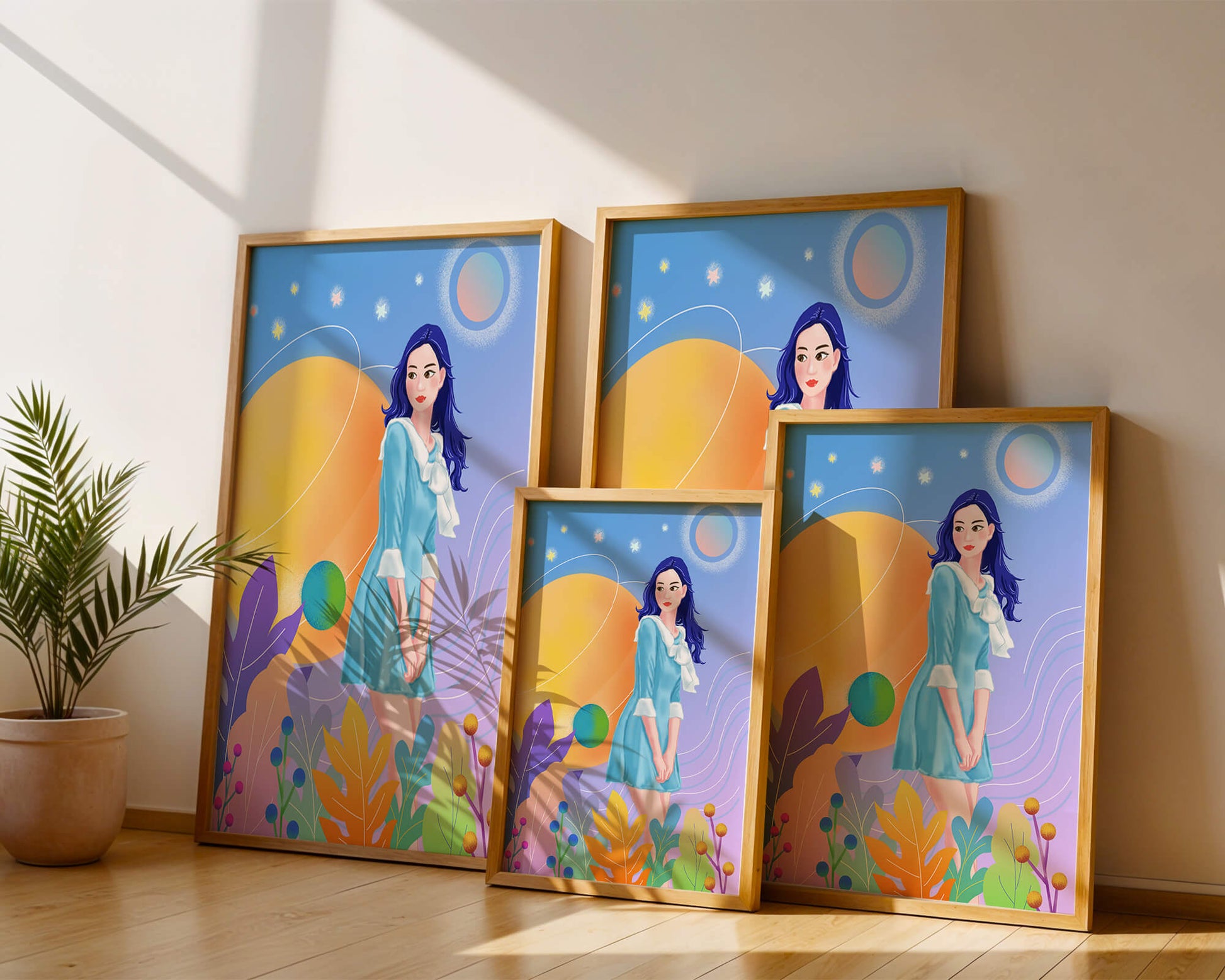 Ilustración de fantasía de una mujer en un jardín cósmico con colores vibrantes