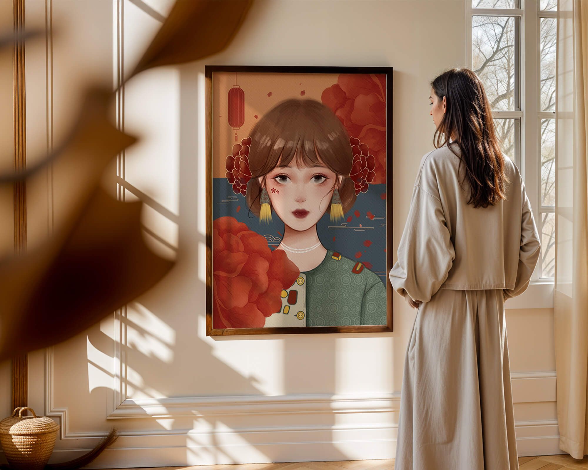 Illustration of a woman adorned with floral elements and traditional accessories