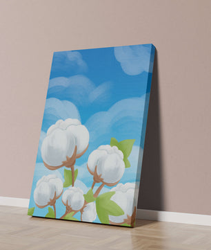 Künstlerische Illustration von Baumwollpflanzen vor einem klaren blauen Himmel