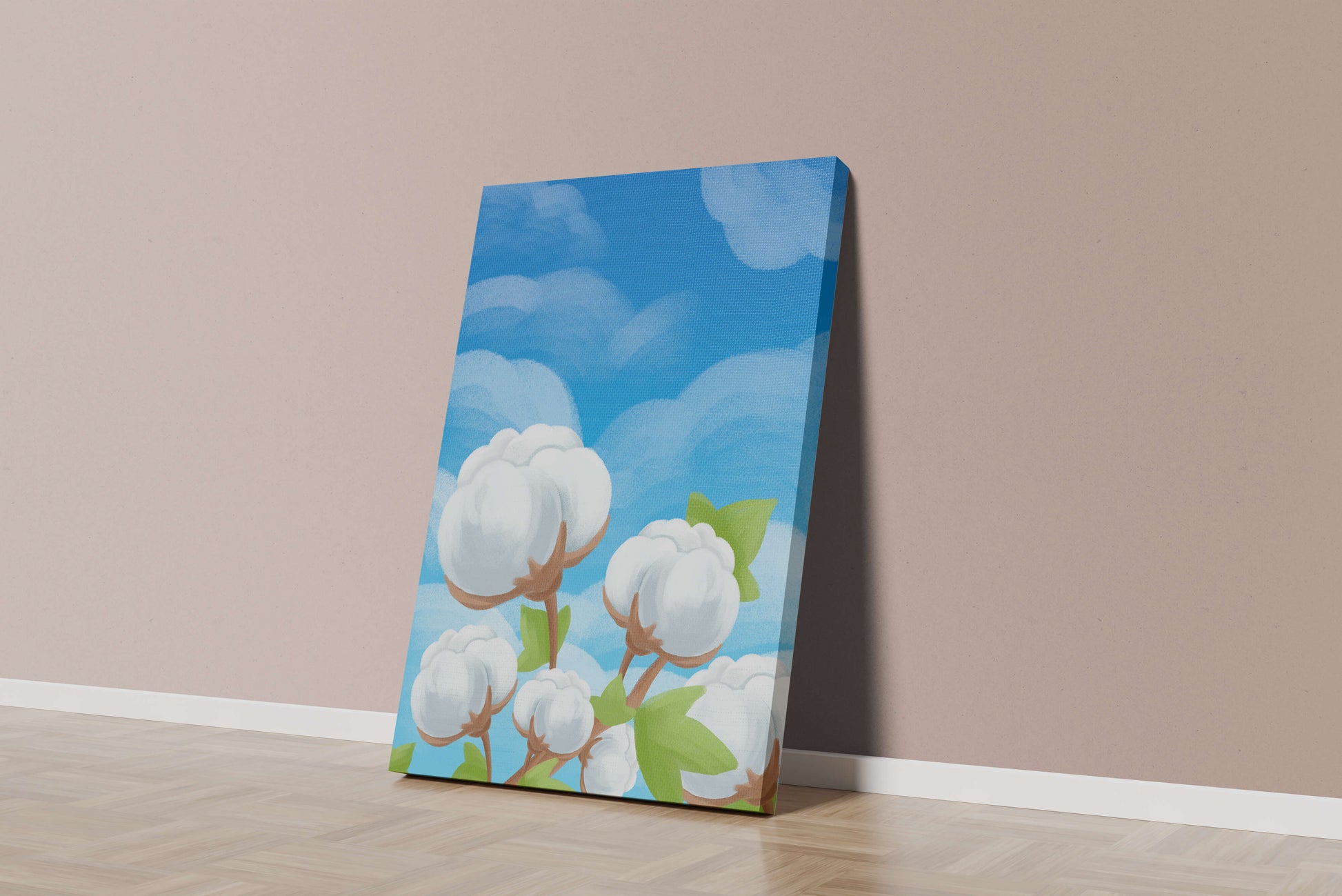 Künstlerische Illustration von Baumwollpflanzen vor einem klaren blauen Himmel