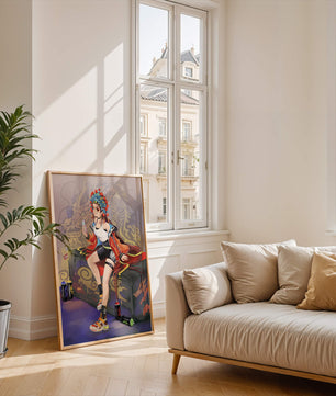 Anime art of a girl in traditional attire with urban elements