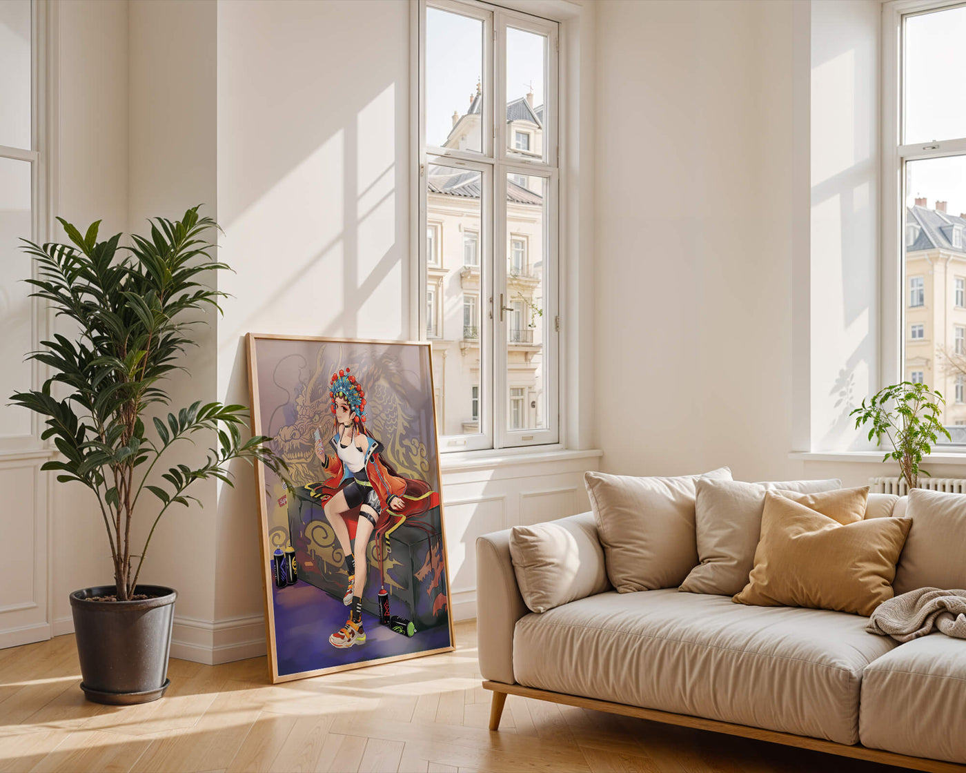 Anime art of a girl in traditional attire with urban elements