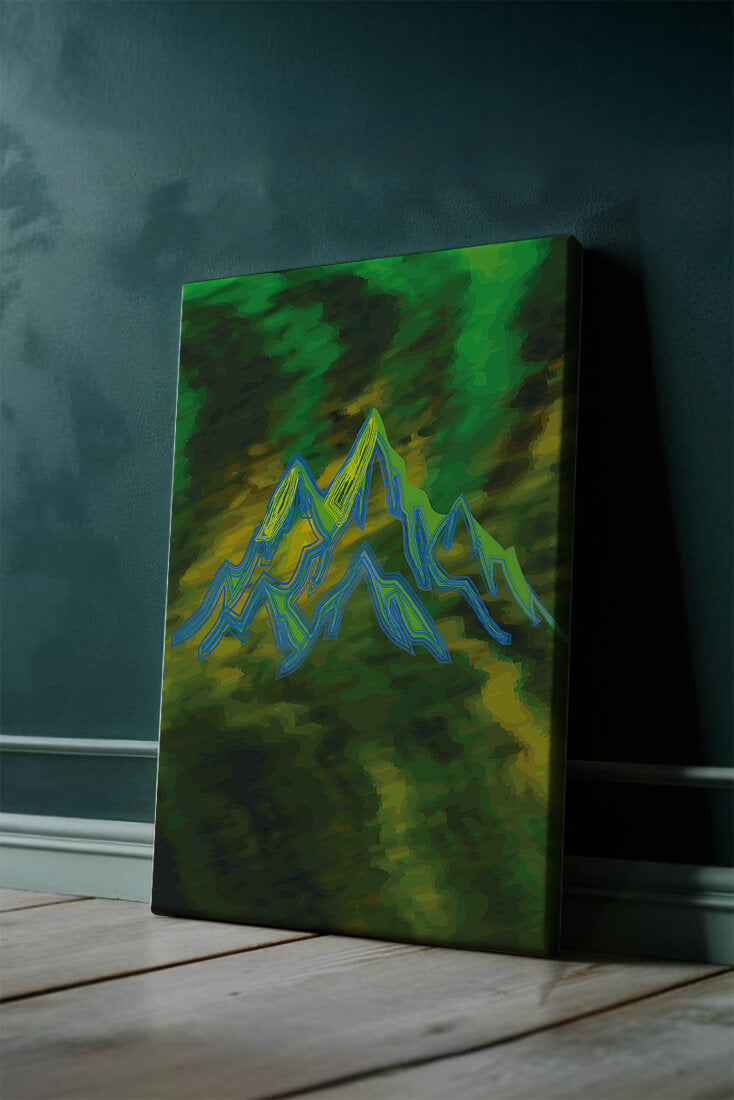 Abstract mountain landscape with vibrant colors and geometric lines