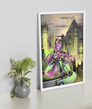 Cyberpunk-Anime-Figur im futuristischen Stadtbild 