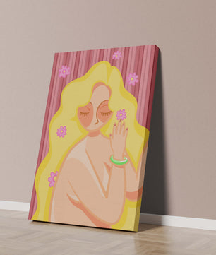 Ilustración abstracta de una mujer serena con el pelo largo y rubio y flores