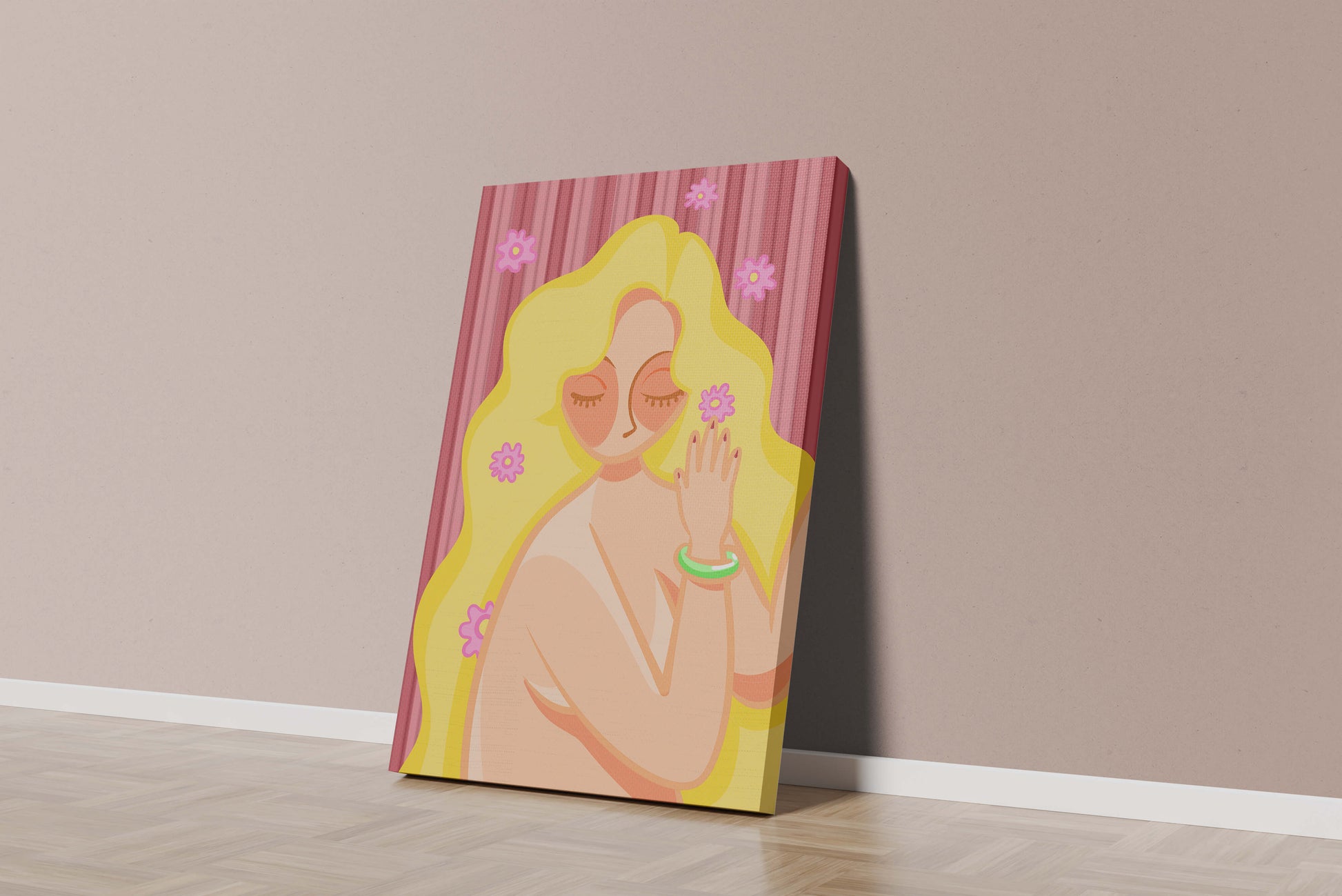 Ilustración abstracta de una mujer serena con el pelo largo y rubio y flores