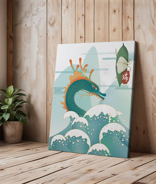 Illustration d’un dragon avec des vagues et des éléments traditionnels chinois