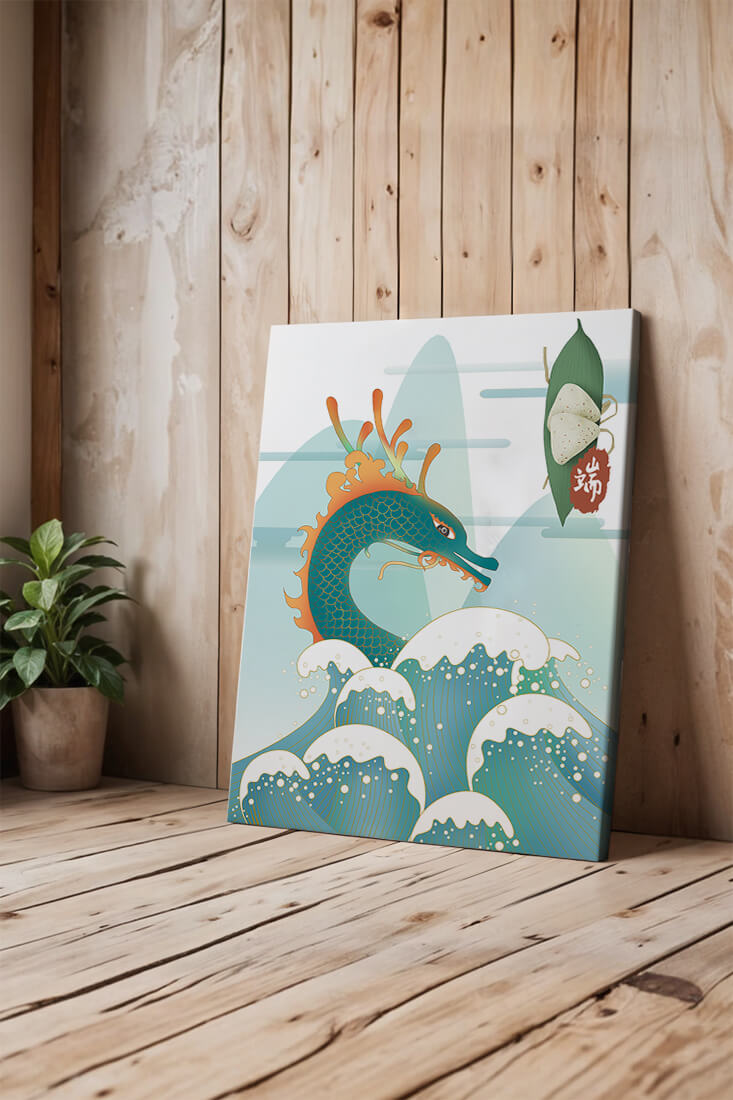 Illustration of a dragon with waves and traditional Chinese elements