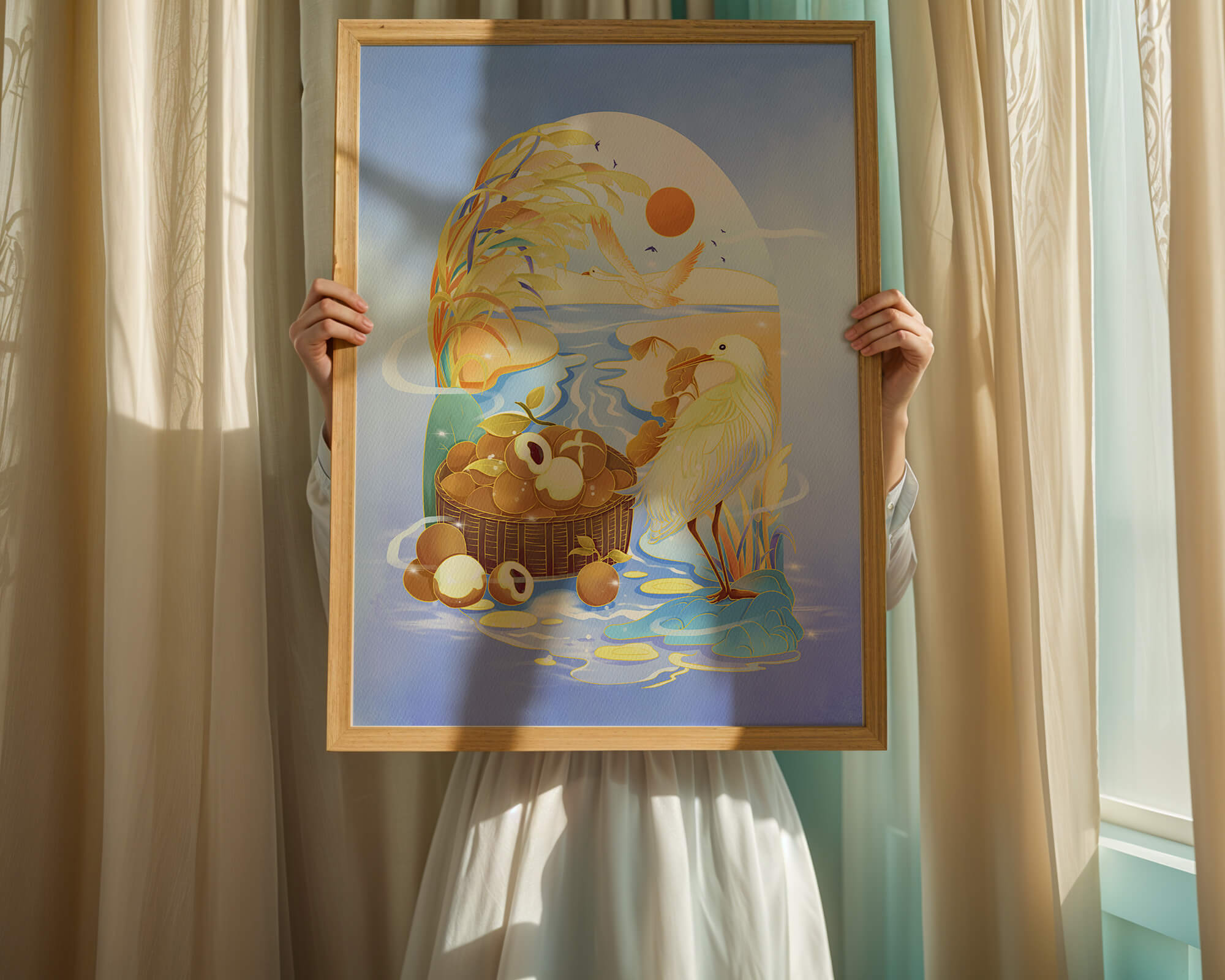 Serene landscape with a bird, fruit basket, and golden reeds under a bright sun