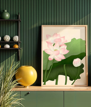 Delicate pink lotus flowers with verdant green leaves