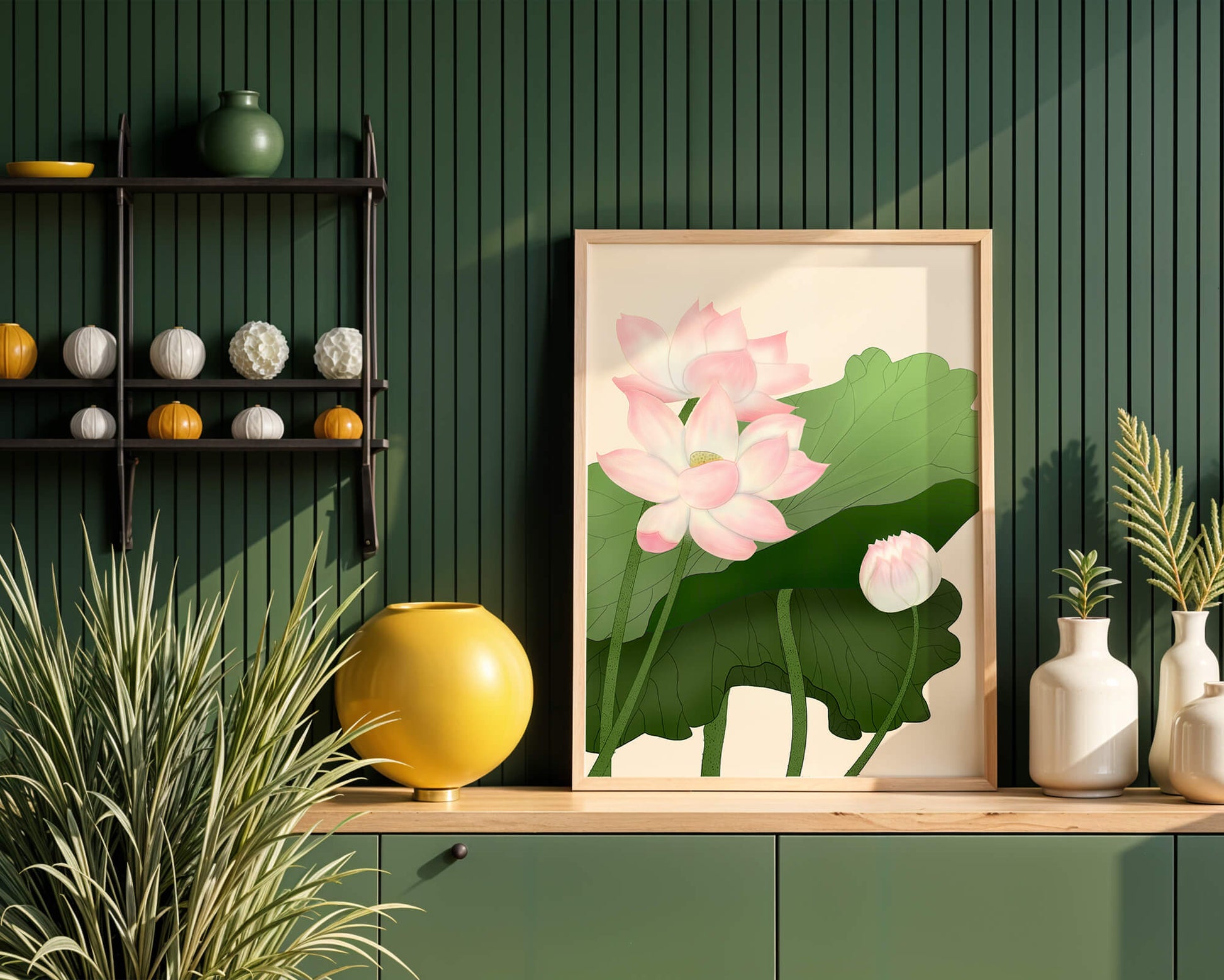 Delicate pink lotus flowers with verdant green leaves