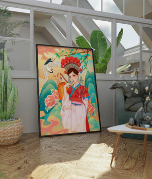 Elegante traditionelle chinesische Illustration mit einer Frau in lebendiger Kleidung mit Blumen- und Tiermotiven