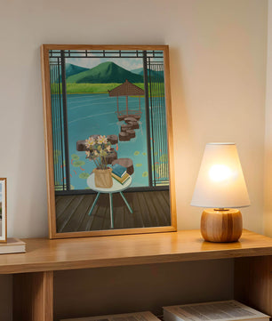 Scenic view from a room overlooking a tranquil water garden with stepping stones and mountains