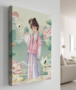 Femme élégante en tenue traditionnelle avec lotus en fleurs et grues
