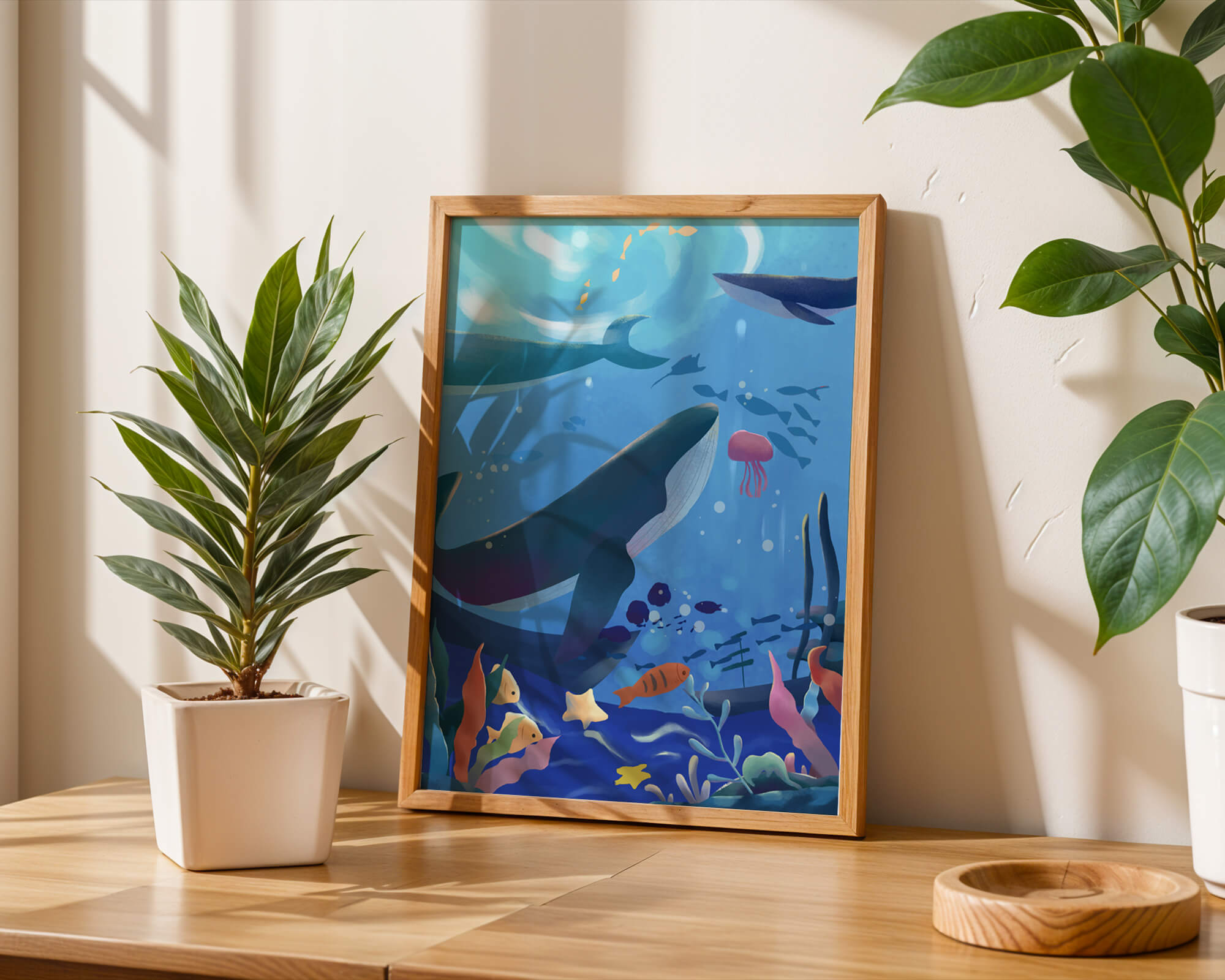 Underwater scene with whales, fish, and coral reef