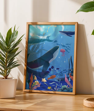 Escena submarina con ballenas, peces y arrecife de coral