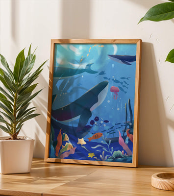 Underwater scene with whales, fish, and coral reef