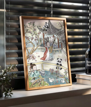Tranquil Asian Garden Scene with Pandas and Blossoms