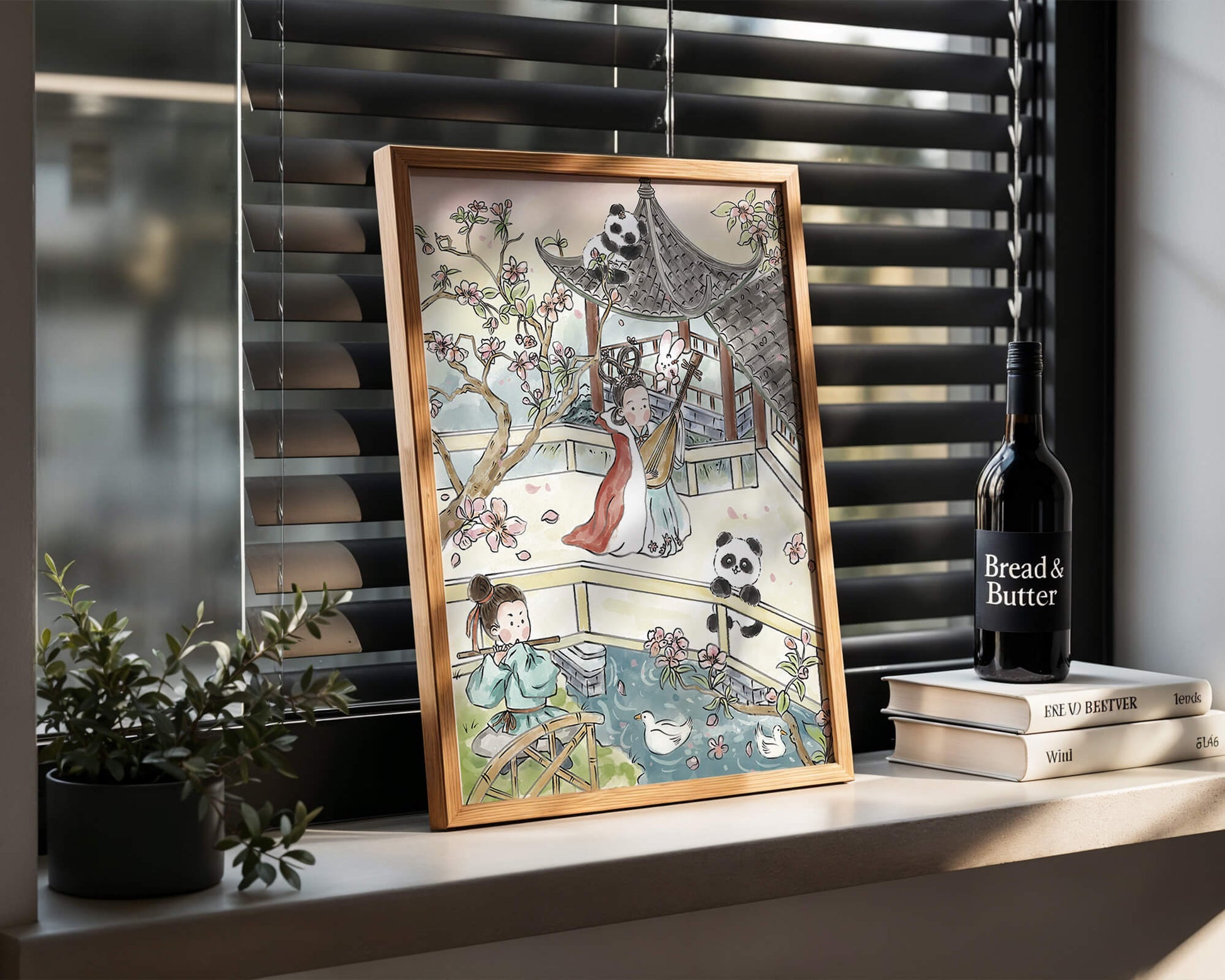 Escena tranquila de jardín asiático con pandas y flores